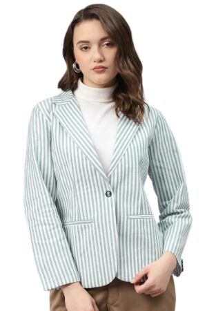 Cottinfab Women White & Green Striped Cotton Formal Single Breasted Blazer