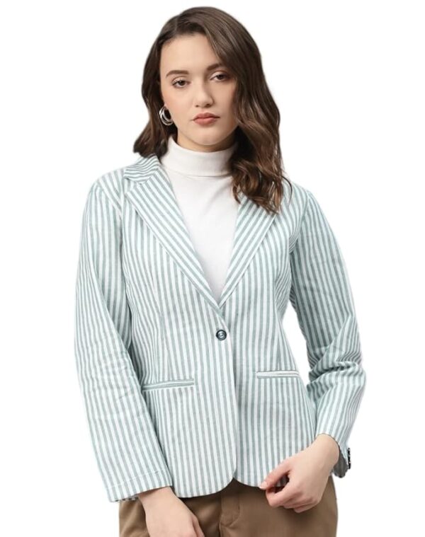 Cottinfab Women White & Green Striped Cotton Formal Single Breasted Blazer