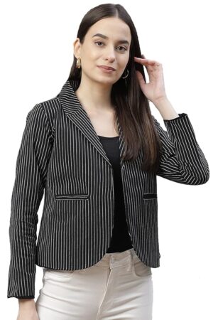 Cottinfab Women Black & White Striped Open Front Blazer