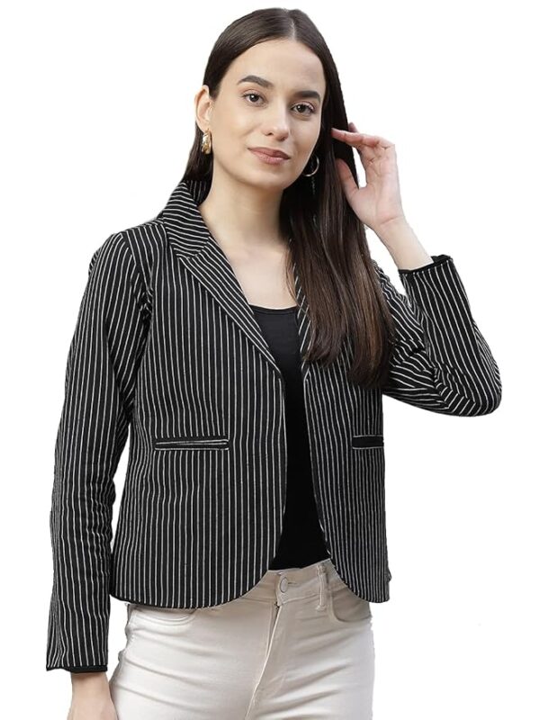 Cottinfab Women Black & White Striped Open Front Blazer